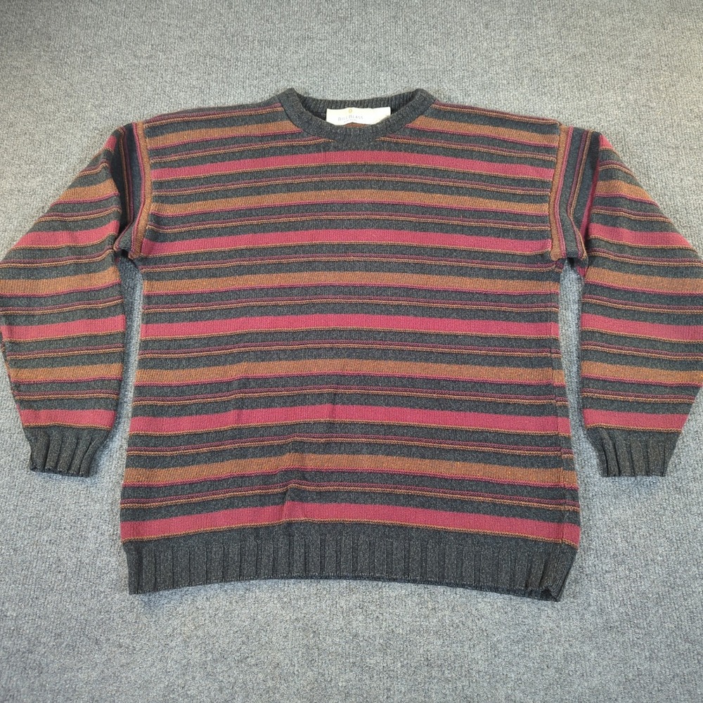 Bill Blass Menswear Vintage Striped Crewneck Sweater Gray Ribbed USA Mens M 2550